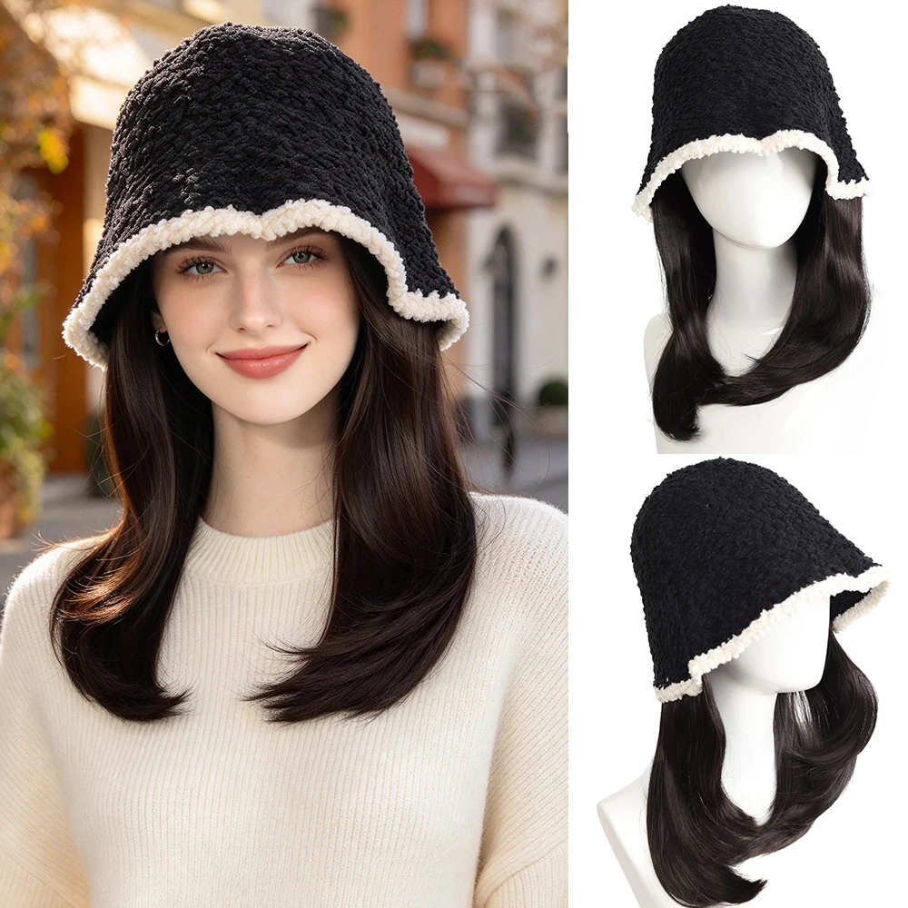 Fisherman's Hat Wig Hair Extensions Hat Wigs Natural Black Synthetic Short Clavicle Hair Warm Autumn Winter Cap Wig
