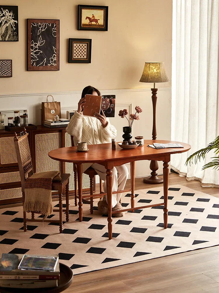 French retro folding dining table, small household solid wood antique restaurant oval table