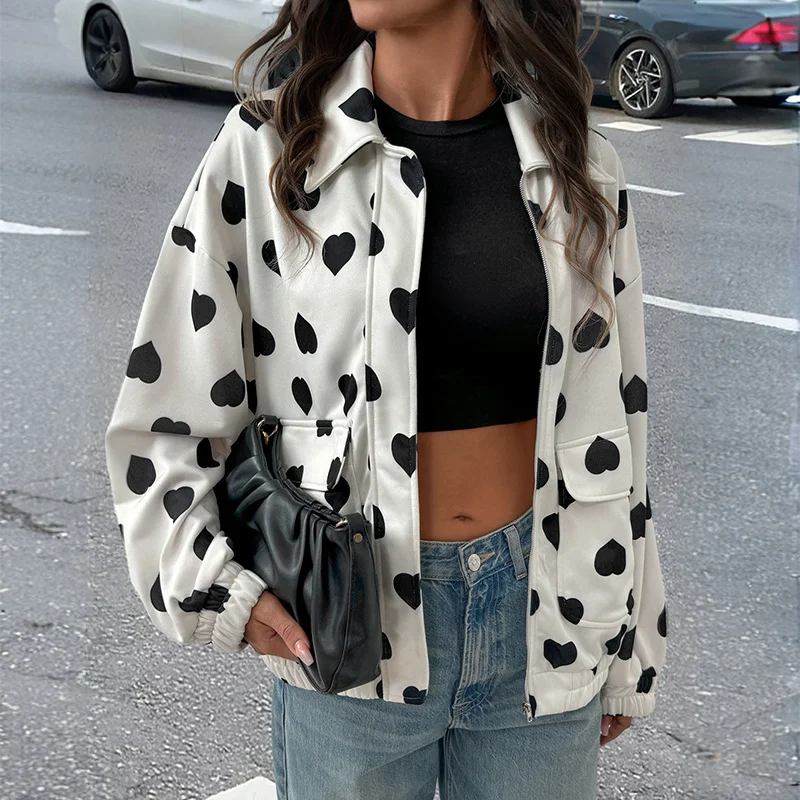 

Faionable Printed Autumn Winter Women's Coat Casual Top Straight Tube Polyester Long Sve Zipper Closure ort Outerwear