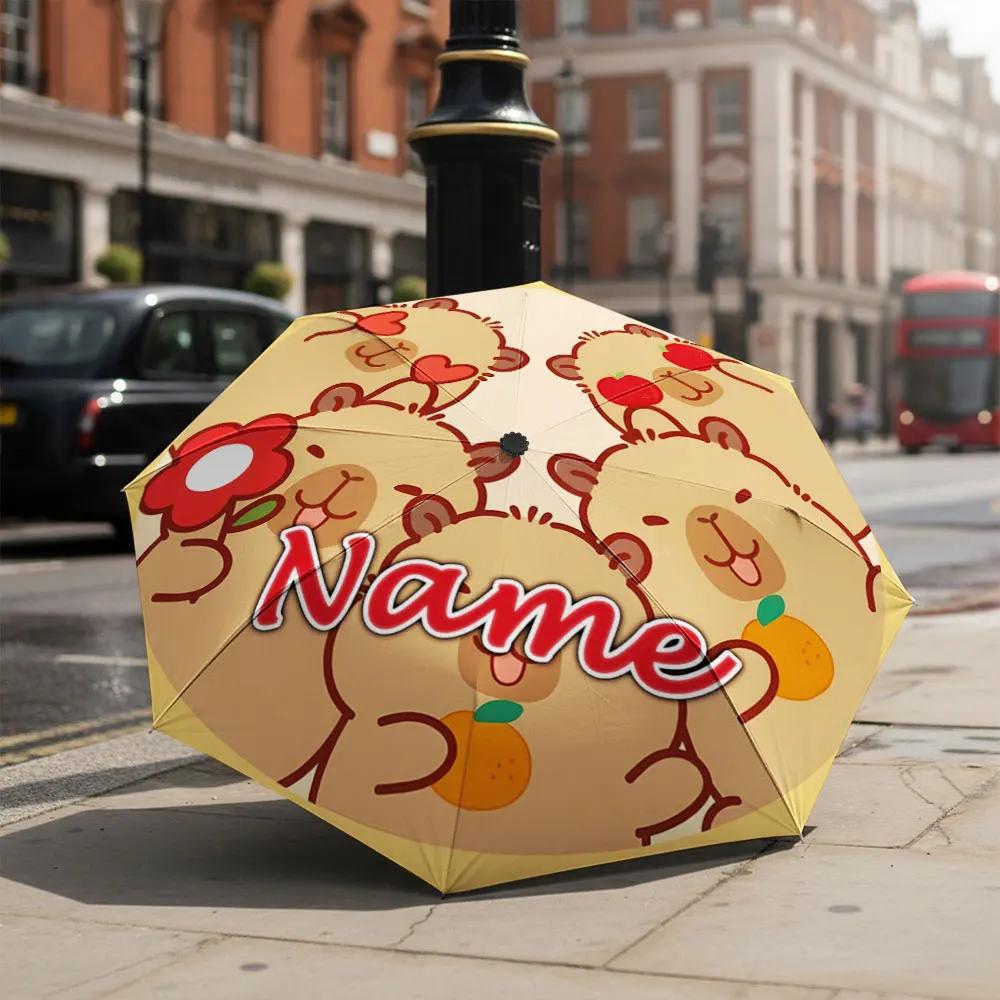 Custom Name Umbrella Group Of Capybara Cute Cartoon Animal Fruit Flower Print Folding Umbrella Compact Portable Travel Parasol