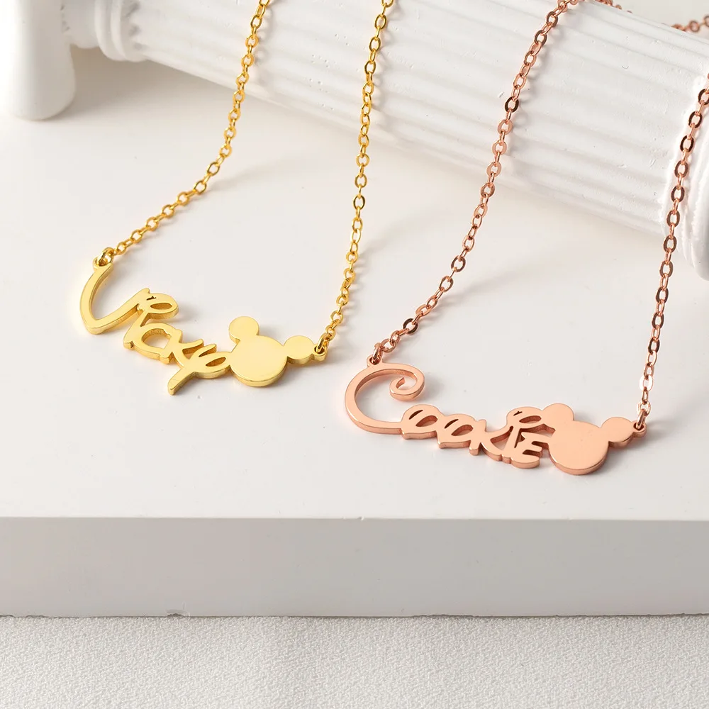 

Cartoon Name Necklace Custom Mickey Minnie Letter Nameplate Stainless Steel Plated With 18K Gold