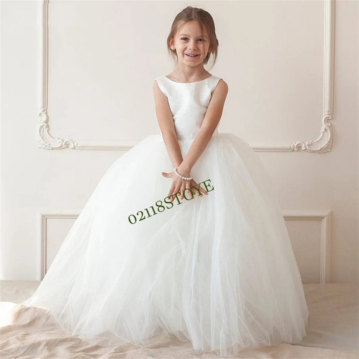 A Line Satin Flower Girl Dress Ivory Girl Wedding Party Tulle Girls Cute Ball Gown Backless Zip up Elegant Princess Dresses