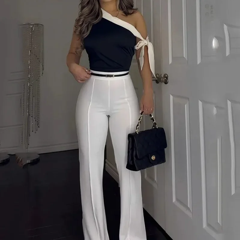 Casual Women\'s Pants Set Streetwear New Fashio Versatile One Shoulder Top and Long Trousers Two Piece Suit Female 2024 Summer