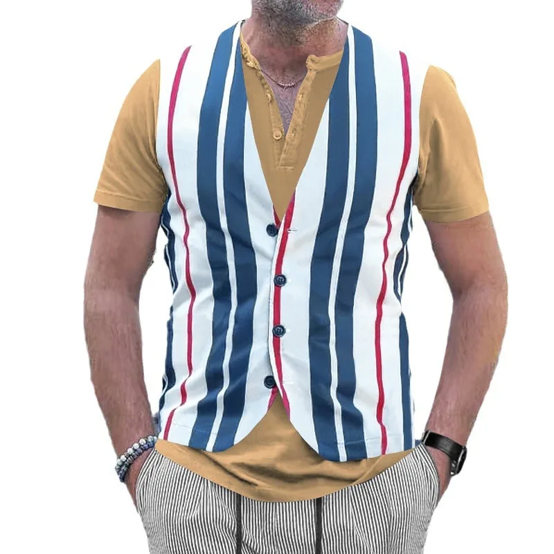 2024 Sommer Herren trend ige lässige gefälschte zweiteilige schlanke Hemds kragen Knopf Henry tt Shirt