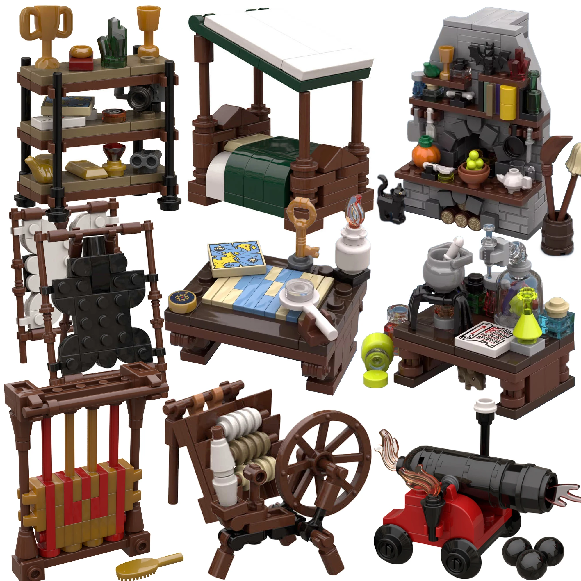 MOC Medieval Furniture Building Blocks Cannon Sheepskin Leather Rack Spinning Wheel Map Desk Loom Bricks Toys Kids Gift