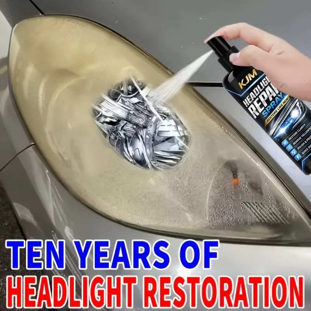 KJM Car Headlight Restoration Spray 100ml Lens Cleaner Polish Haze Yellowing Oxidation Remover Auto Lamp Care With Sponge