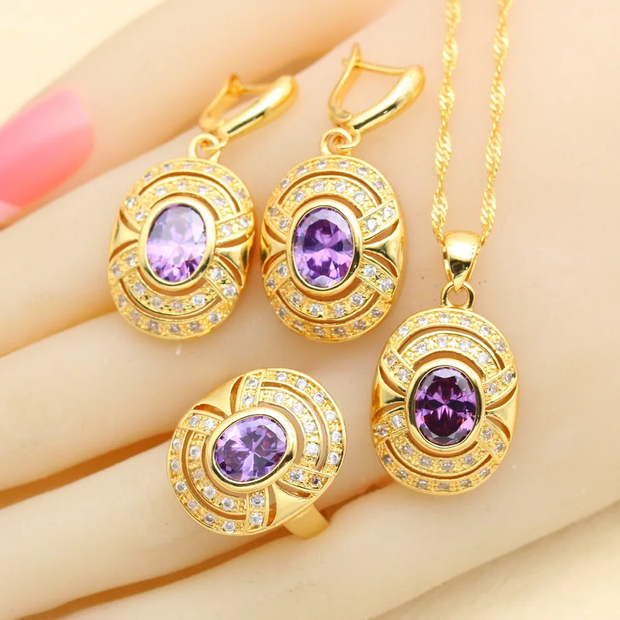 Purple Cubic Zircon White CZ Gold Color Jewelry Sets For Women Bracelet Earrings Necklace Pendant Rings Free Gift Box