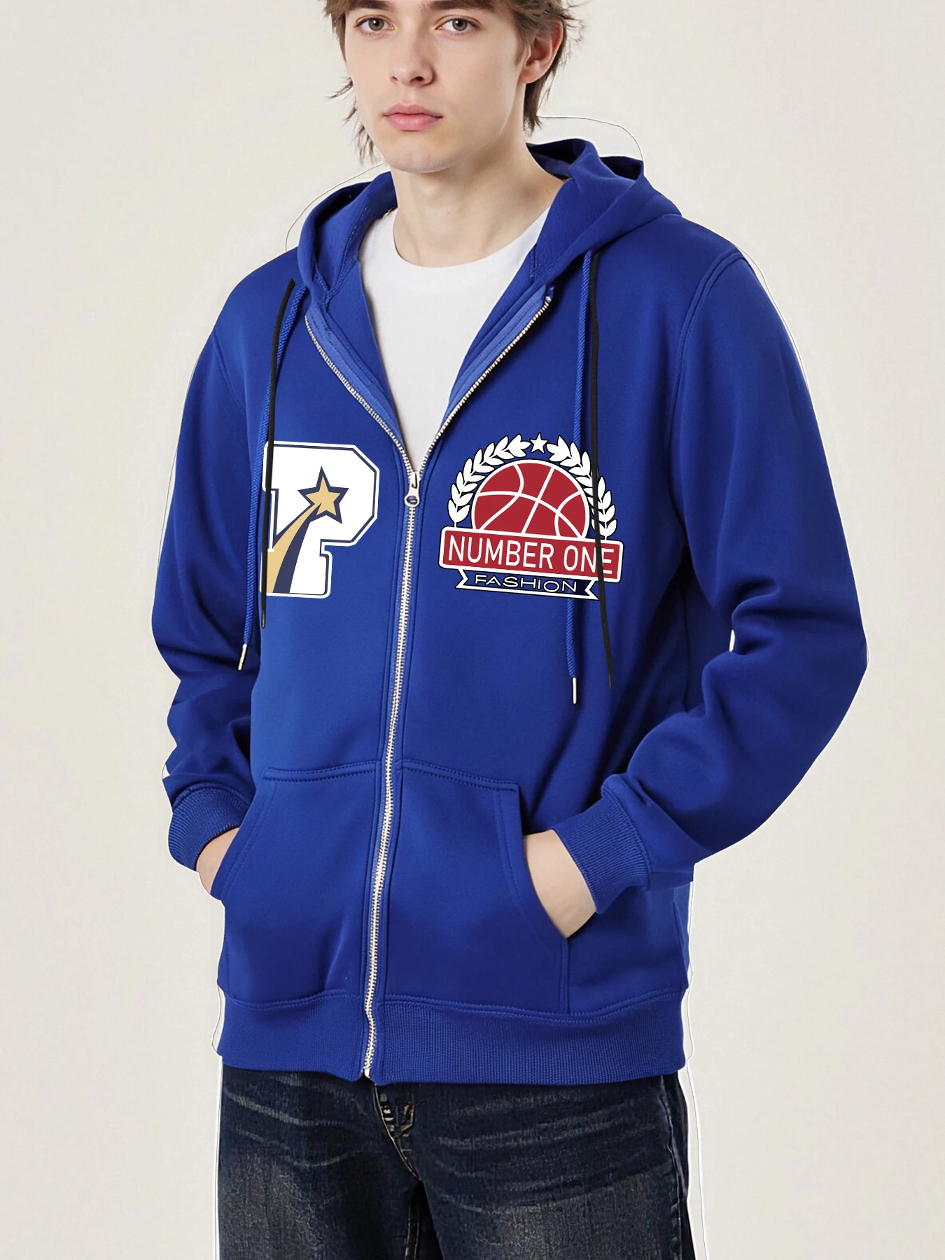 

Number One Fashion Letter P Zipper Coat Men Casual Basics Long Sleeve Autumn Loose Hoodies All-Match Unisex Fleece Pullover