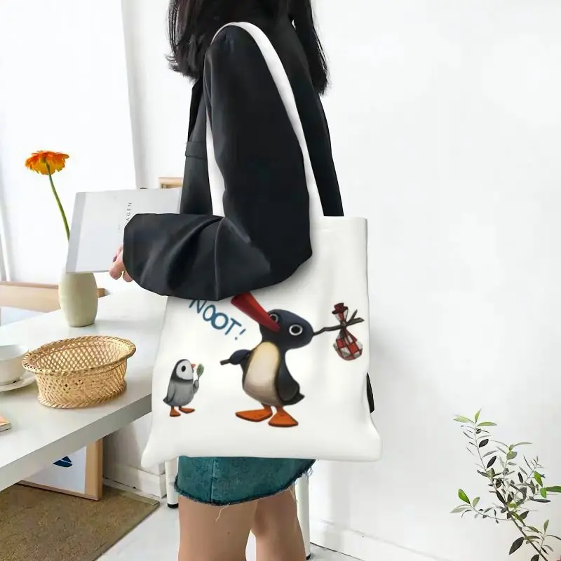 Custom Noots Pingu Penguin Canvas Shopping Bag Women Portable Groceries Tote Shopper Bags