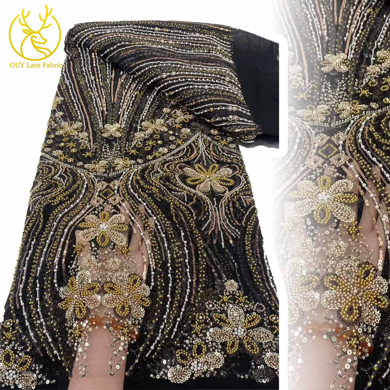 

European Beaded Lace Fabric 2025 High Quality Nigerian African Sequins Lace Tulle Fabric For Sewing Wedding Party Dress Material