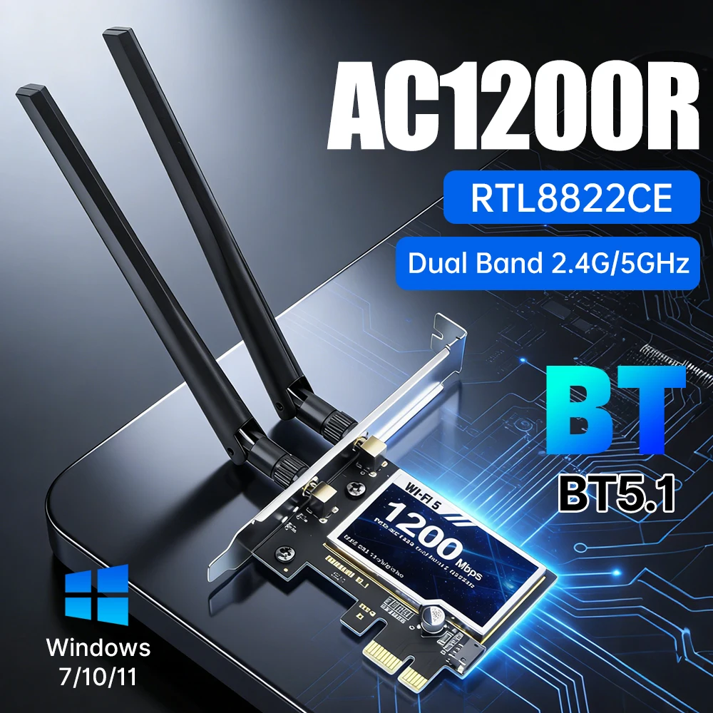 Беспроводной адаптер WiFi 5 AC1200R PCIE RTL8822CE, двухдиапазонный, 2,4G/5 ГГц, Bluetooth 5,1, Wi-Fi-карта для настольных ПК, Windows 7/10/11