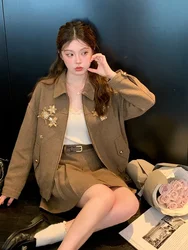 Women's Brown Two Piece Suit Vintage Long Sleeve Luxury Coat and A-Line Mini Skirt Vintage Y2k Skirt Sets Elegant 2000s Clothes