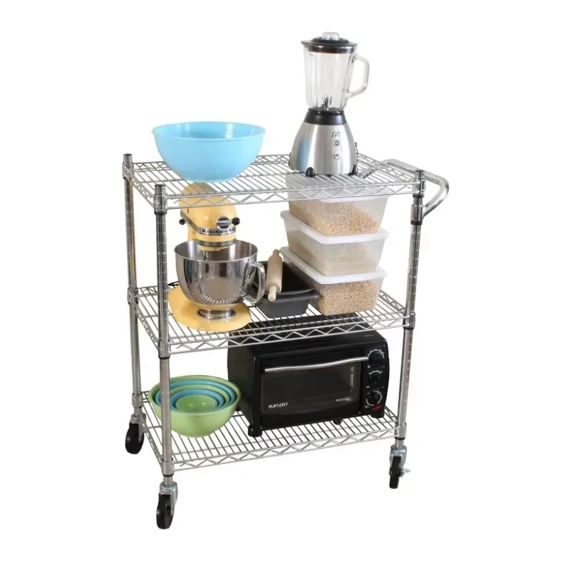 2025 Practical Livingroom Rack Heavy Duty Metal Rack with Wheels 3 Tiers Chrome Plating Metal Storage Wire Shelf
