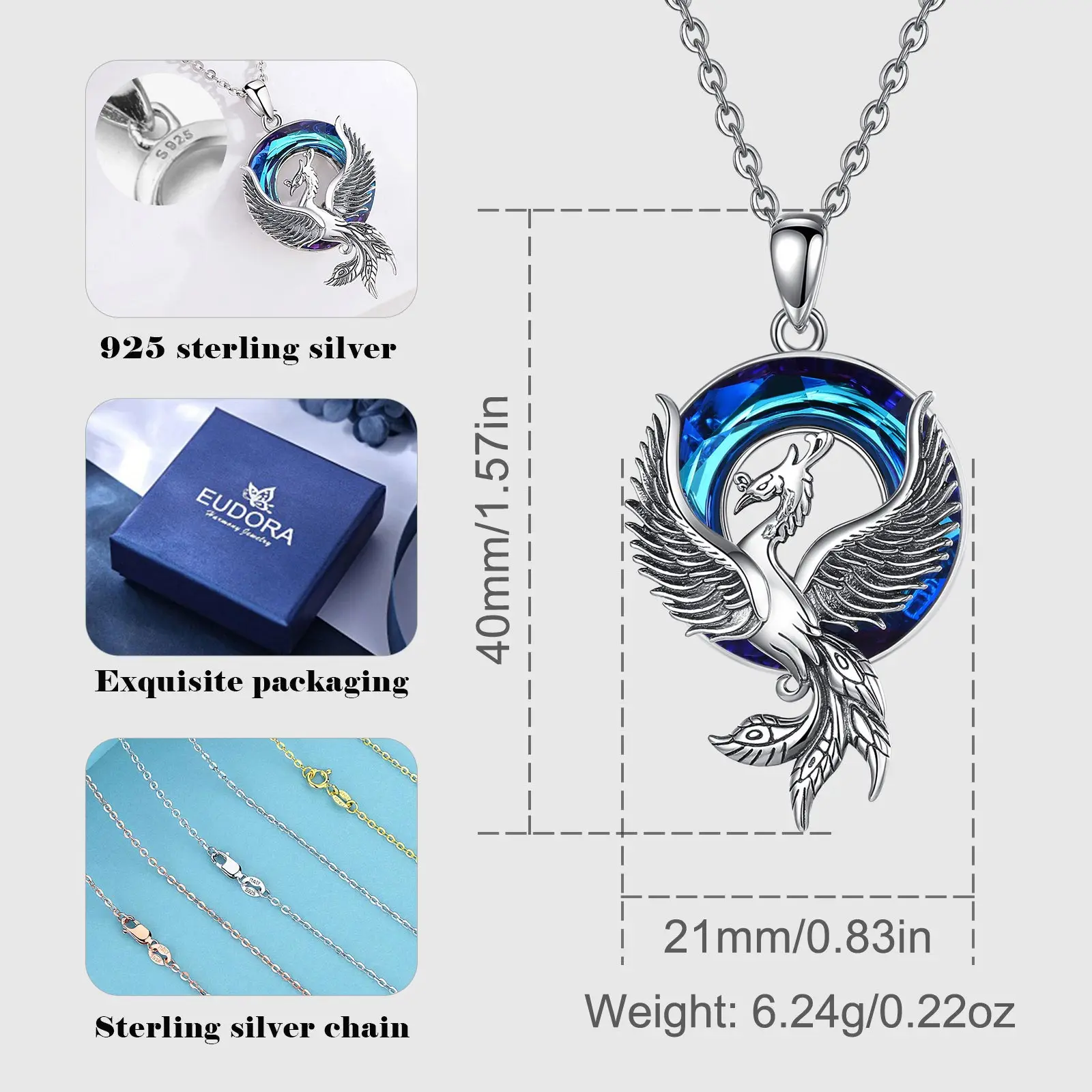 Eudora Real 925 Sterling Silver Phoenix Neckalce Luxury Austrian Crystal Personality Phoenix Pendant Fine Jewelry for Women Gift