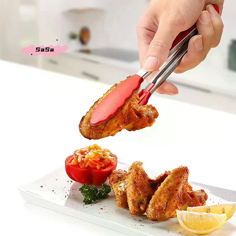 1 Pc 7inch Stainless Steel Food Clip BBQ Grill Steak Food Clip Non-slip Handle Bread Tong Party Kitchen Cooking Accessories
