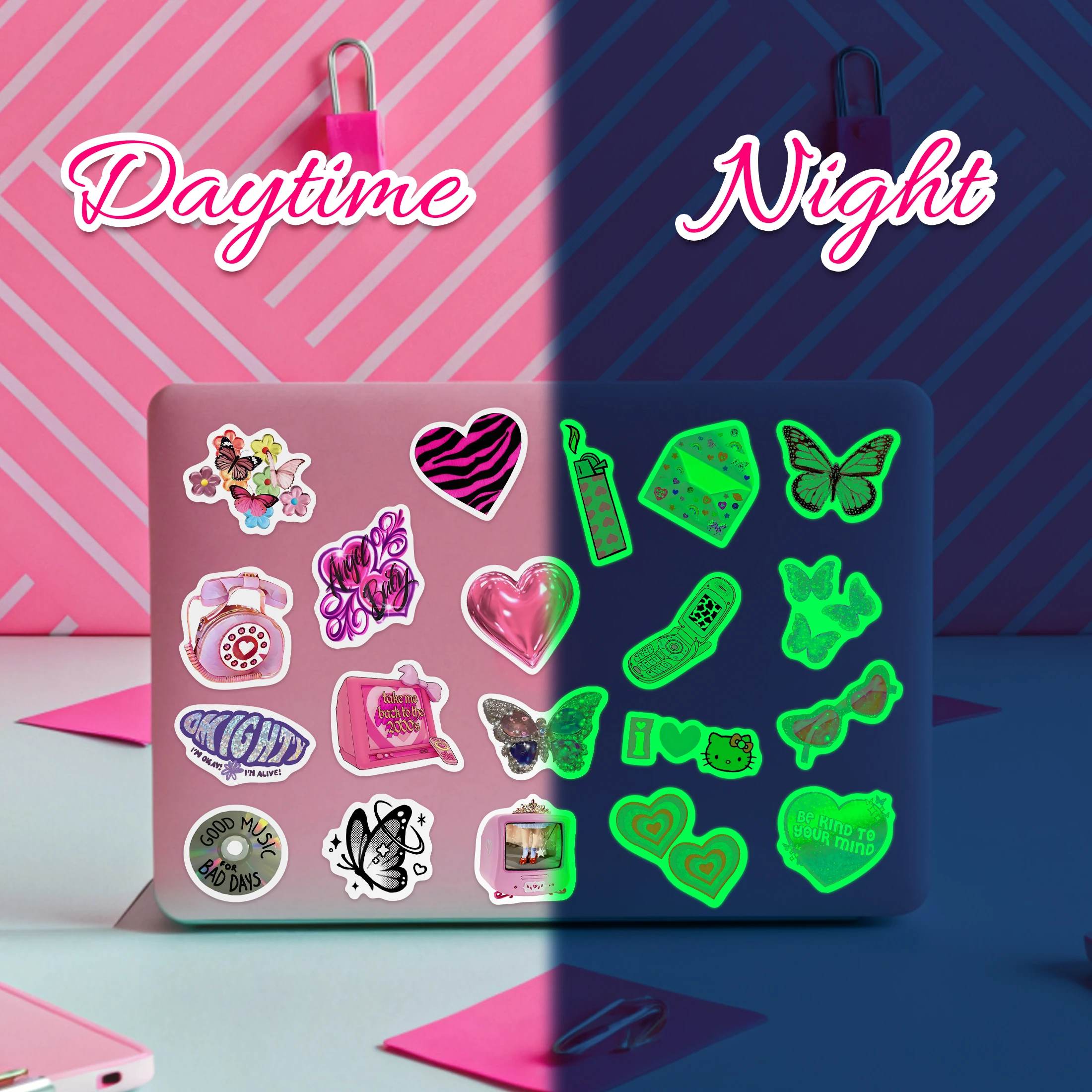 50 pçs rosa moda padrão brilho no escuro adesivos auto-adesivos à prova dwaterproof água decalques de vinil livros de computador garrafas decoração do miúdo