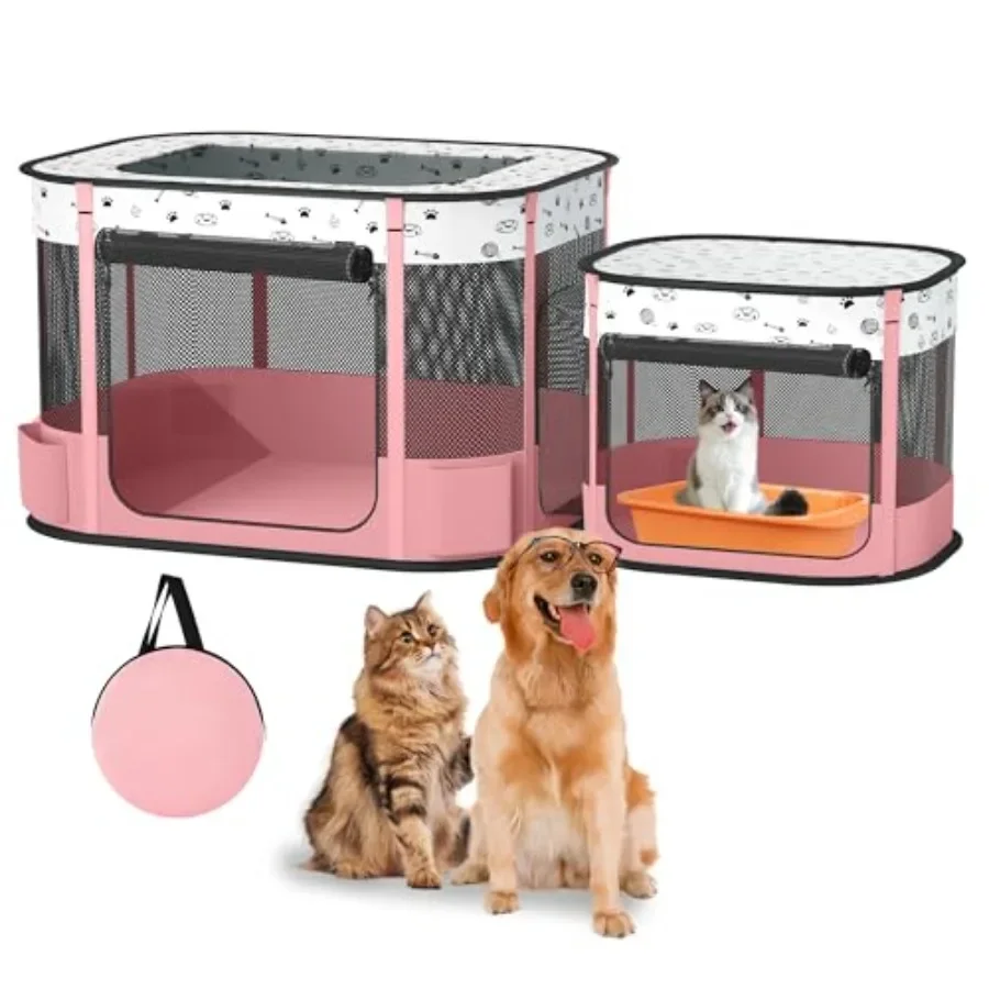 

Portable Cat Playpen for indoor/outdoor use, 600D Oxford fabric, pink, foldable with litter box area and carrying case