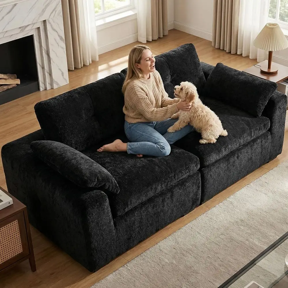 

Chic Deep-Seated Chenille Fabric Sectional Sofa for Small Spaces, Suitable for Living Rooms, Studios, and Offices, Black