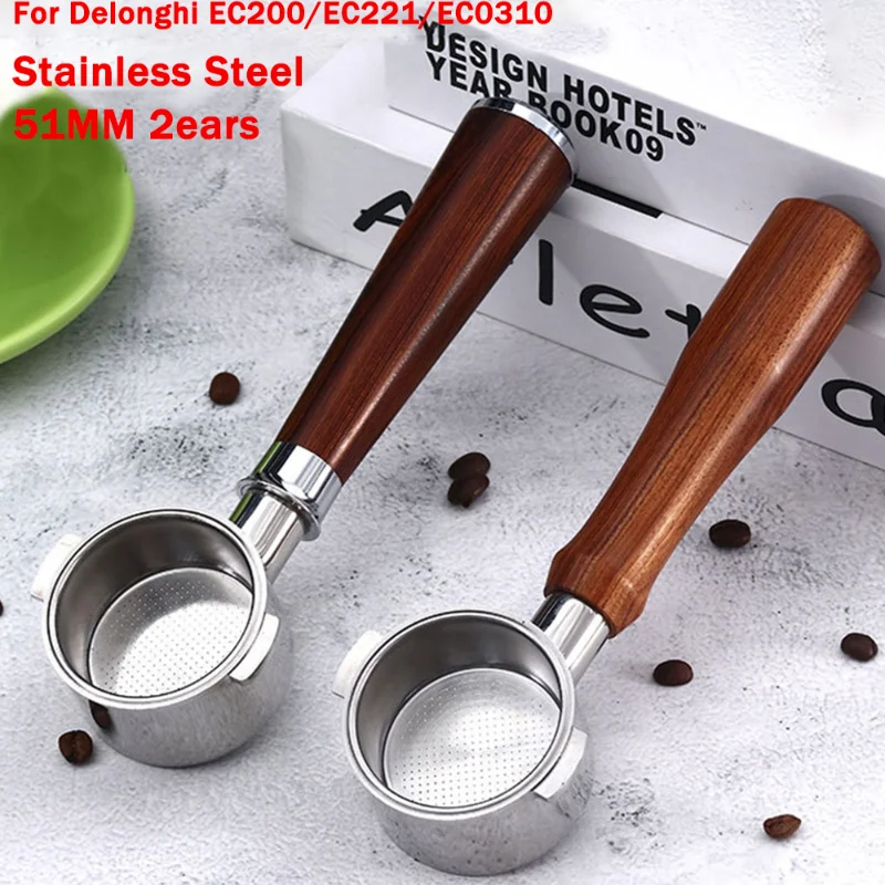 Stainless Steel Bottomless Coffee Machine, Replaceable Filter Basket, Barista Tool, 51mm, Delonghi EC200, EC221, EC0310