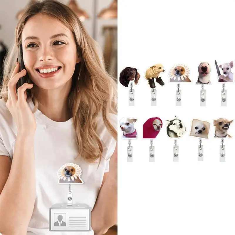 Retractable ID Badge Reel with Dog Kitten Pull Out Lanyard with Secure Clip Funny Acrylic Animal Scroll for Work Accessories