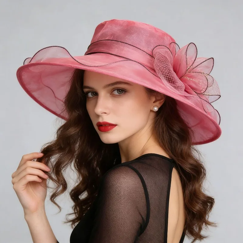  French Vintage Women Foldable Organza Church Derby Hat Ruffles Wide Brim Uv Protection Sun Hat  Ladies Outdoor Styling