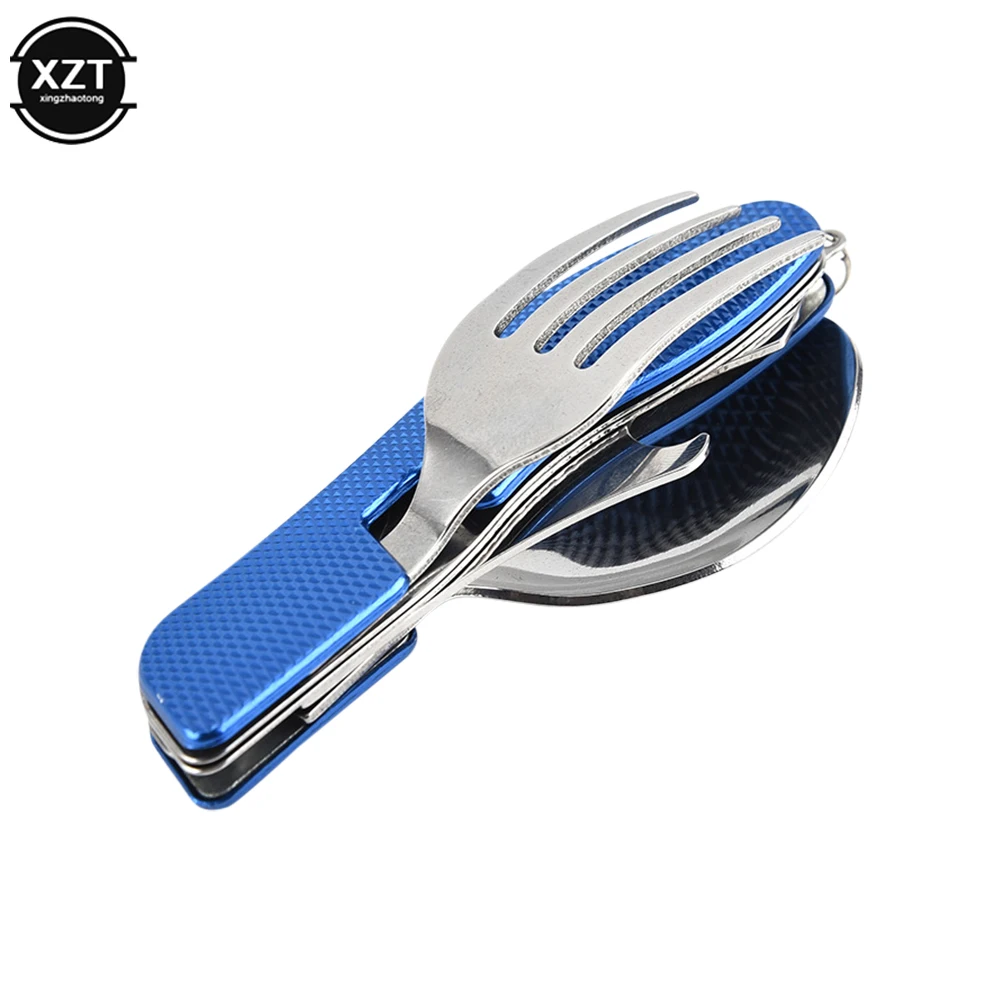 Stainless Steel 3-In-1 Foldable Tablespoon Set Spoon Knife Fork Bottle Opener Folding Pocket Kits Outdoor Tableware Set