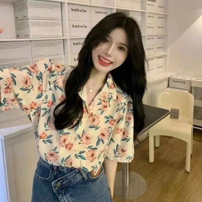 

Floral Print Loose ort Sve Women's irt Sweet Sle Chiffon Top Summer New Arrival Vintage Hong Kong Flavor Small Size