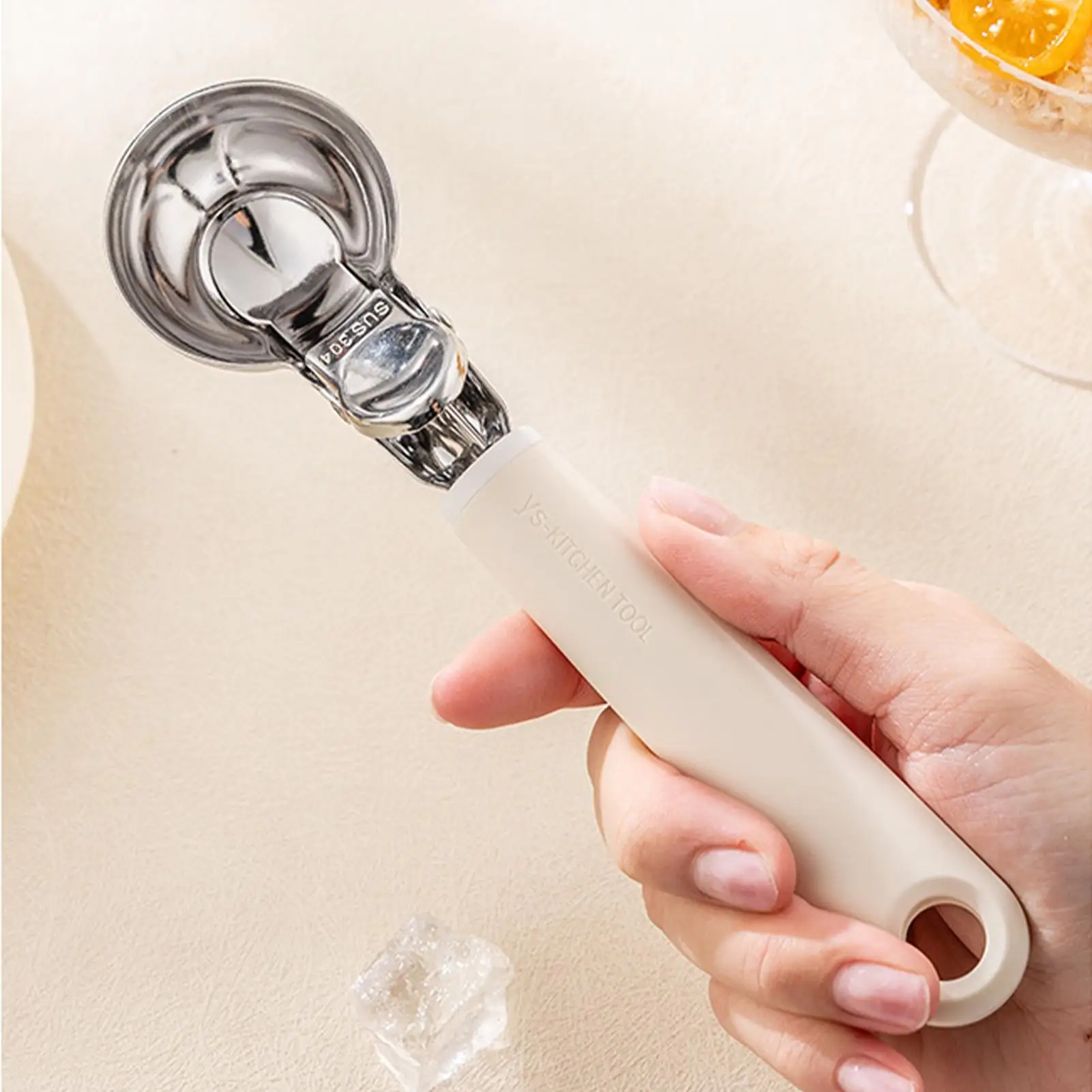 Cuchara ergonómica de acero inoxidable para helado y galletas, con gatillo antideslizante, para melones, frutas, postres, repostería y uso doméstico.