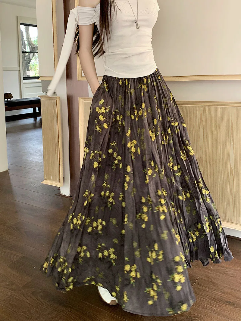 

Retro Floral Pleated Half Skirt Women's Summer 2026 New Elastic Waist Draped Long A-Line Umbrella Skirt Polyester Fiber
