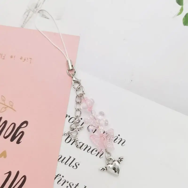 A52E Bow-Love Keychain Crystal Y2k Beaded Phone Lanyard Strap Charm Cross-Pendant Phone Chain Anti-Lost for Women Girls Pink