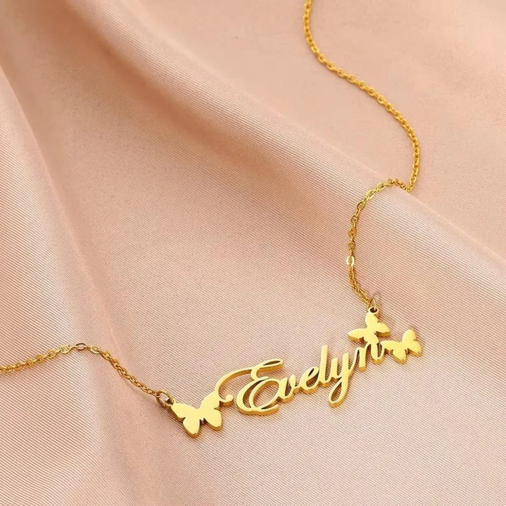 Custom Name Necklace Personalized Jewelry Stainless Steel Nameplate and Butterfly Necklaces For Women Kids Baby Birthday Gift