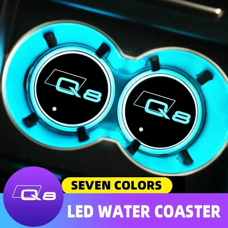 2Pcs 7 Colorful USB Car Logo Led Atmosphere Light Cup Luminous Coaster Holder For Audi Q8 4MN Auto Accessories