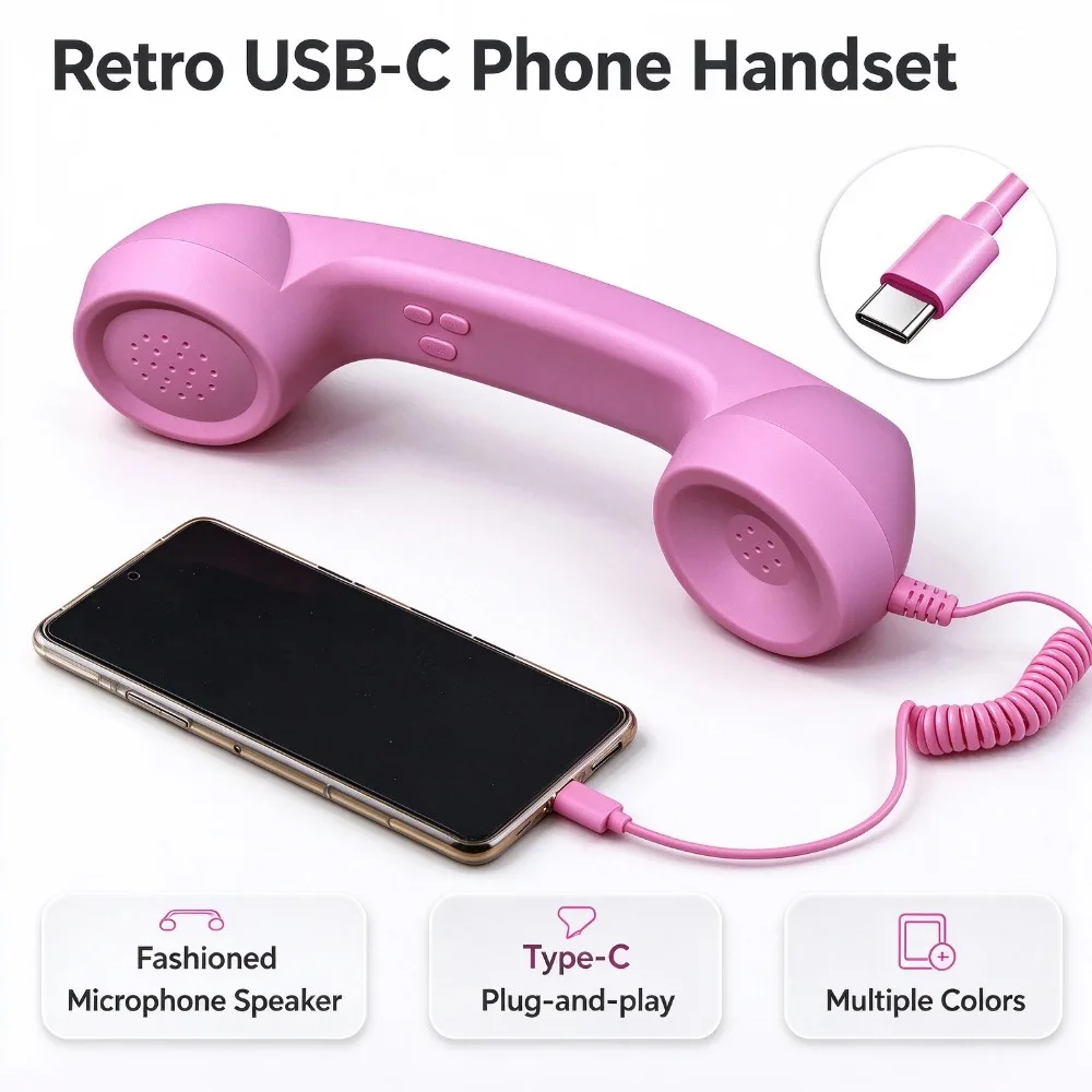 Retro USB-C Phone Handset New Handset Receiver For iPhone Android Vintage Fashioned Microphone Speaker Telephone Handset