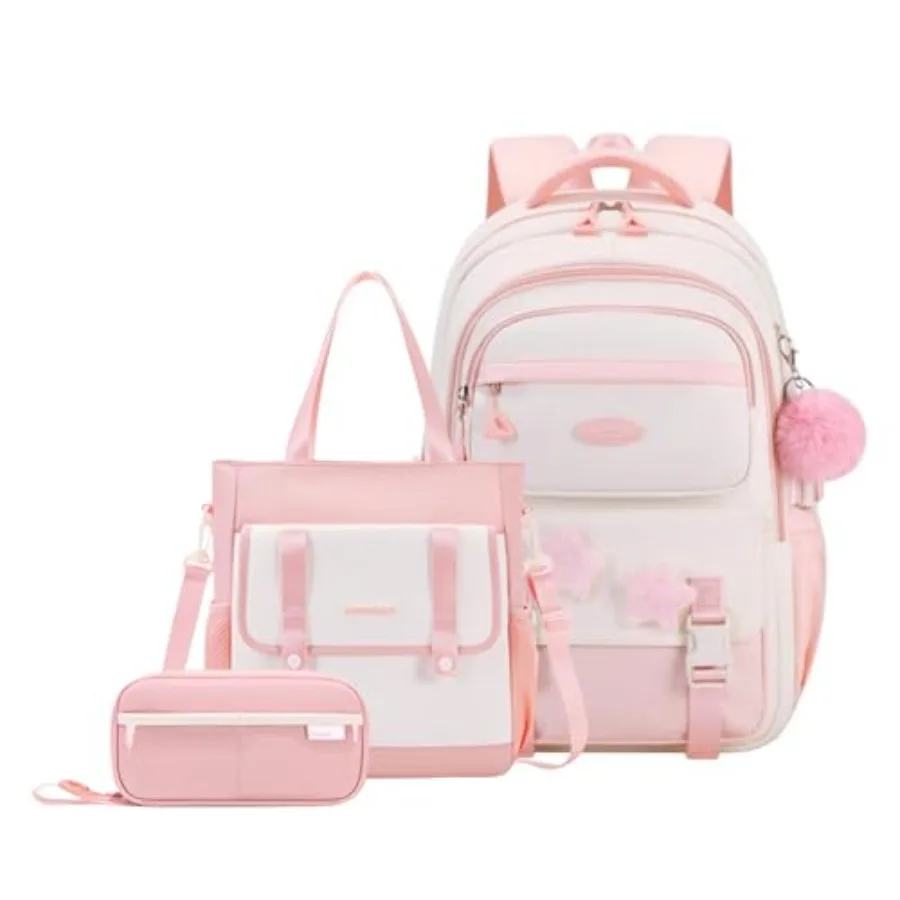 

Набор из 3 предметов: школьный рюкзак для девочек с сумкой-тоут, розовый школьный рюкзак для подростков с значками-звездами и пушистым брелоком