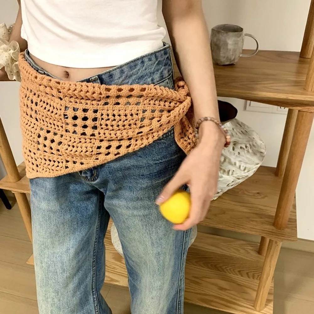 Simple Hollow ถักผ้าพันคอสามเหลี่ยม Y2k Shawl ผ้ากันเปื้อน Wrap Tie สายรัด Headscarf ผ้าพันคอสะโพกฤดูร้อน