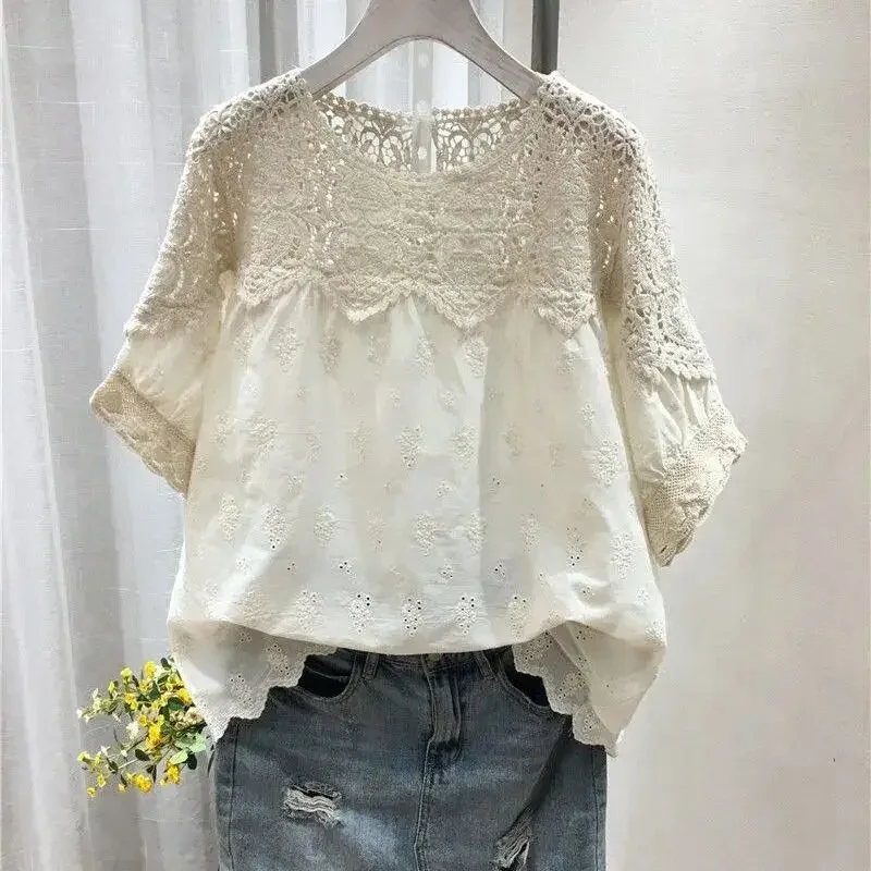 Embroidery Hollow Women Shirts Fashion Loose Short Sleeve Shirt  Summer Comfortable Casual Female Tops O-Neck Ladies Clothes