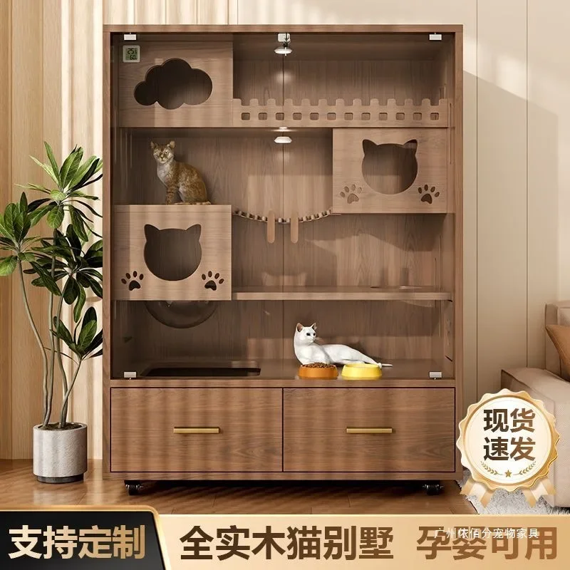 Pet Solid Wood Panoramic Cat Villa Indoor  Pet  Integrated Cabinet Household Double Layer