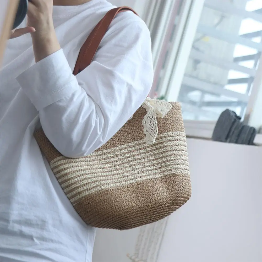 

Сплошной цвет, милая тканая большая сумка, дышащая соломенная сумка с кружевной лентой и полоской, большая вместительная легкая летняя пляжная сумка на каждый день