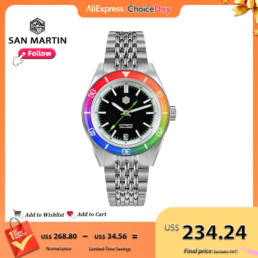 

San Martin Original Design 39.5mm Fashion Men Diving Watch Sapphire Rainbow Bezel Mechanical Watches Luminous Date 200m SN0116