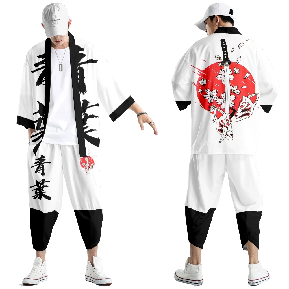 

Костюм-двойка, непобедимый меч, демон, японский стиль, модное кимоно и брюки, комплект, мужской кардиган, блузка, Хаори Оби, азиатская одежда
