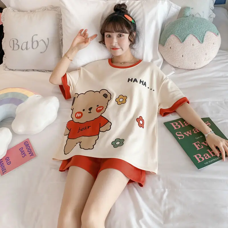 Two Sets Of Women's Summer Pajamas Short-Sleeved Shorts Set Cartoon Loose Cute Casual Simple Color Clashing Homewear School