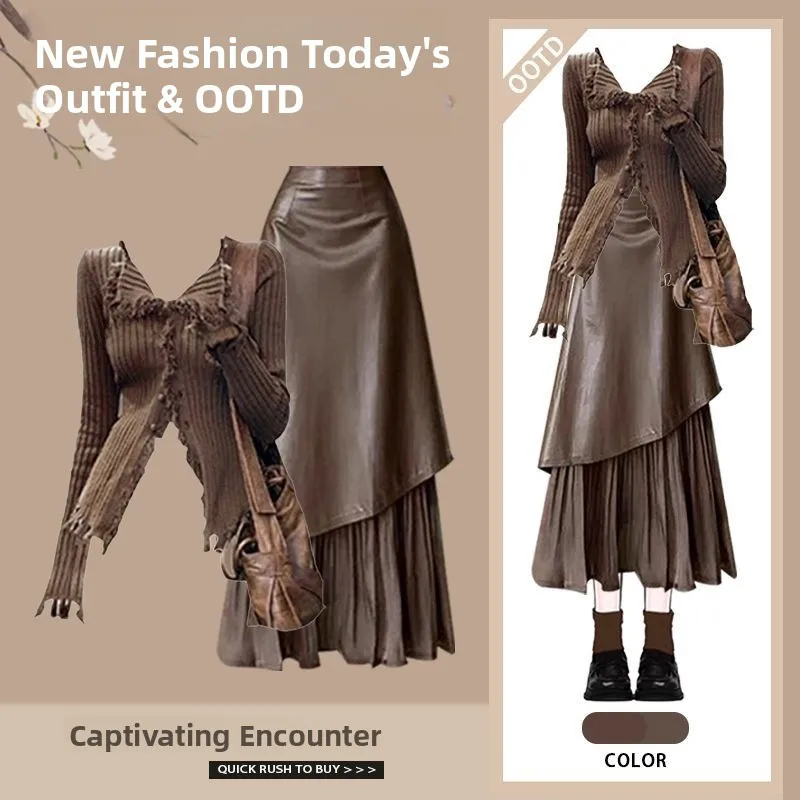 

Весенний модный комплект из топа и юбки для женщин, длинный рукав, V-образный вырез, застежка на пуговицы