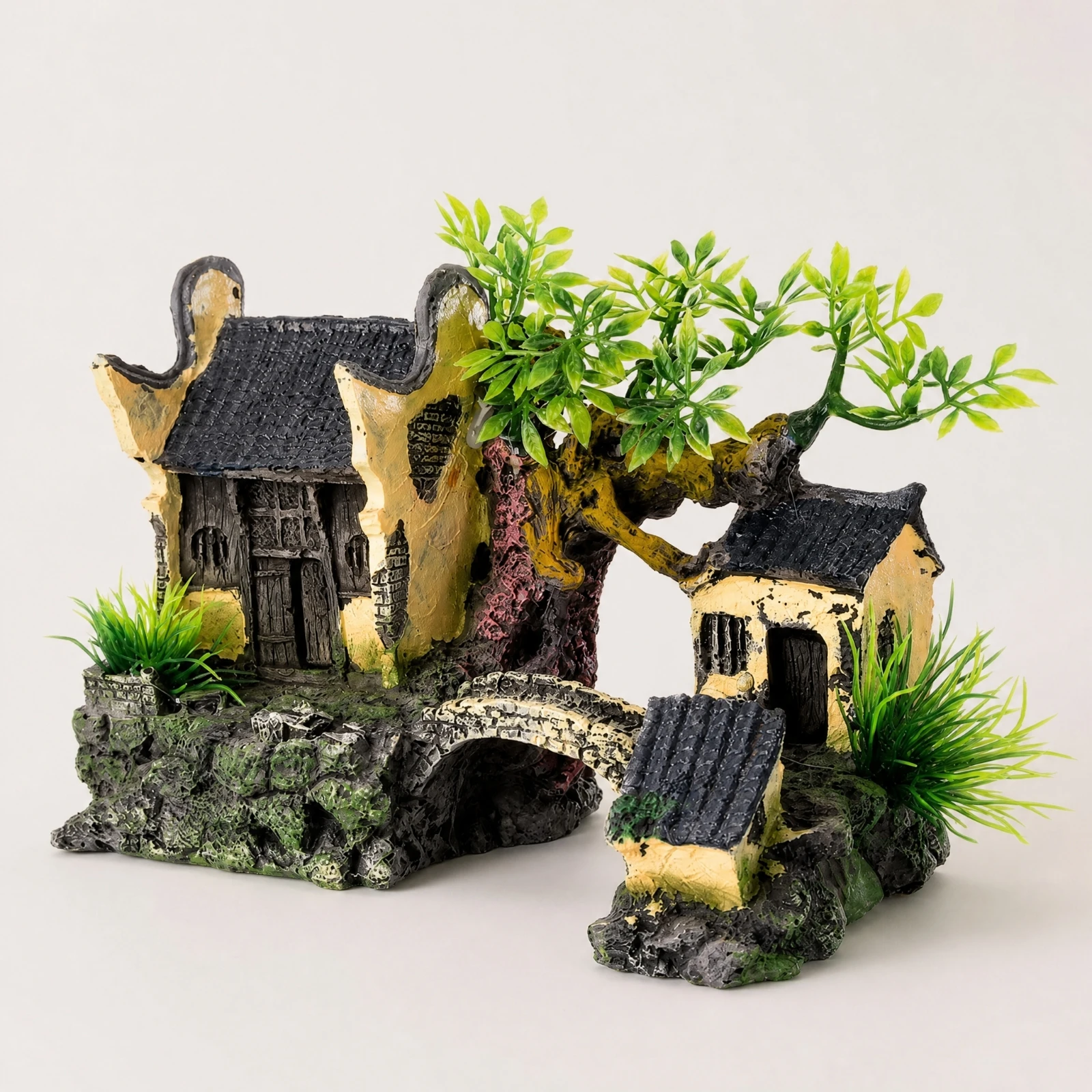 Aquascape Ornament Vividly Detailed Jiangnan-Style Waterside House Aquarium Ornament Rocky Base Aquarium Landscape Decor
