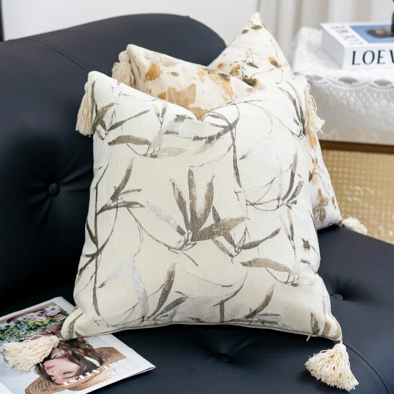 Aesthetic Neutral Wabi-Sabi Cushion Cover Textured Cotton Linen Throw Pillowcase with Tassels Farmhouse Home Decor for Sofa