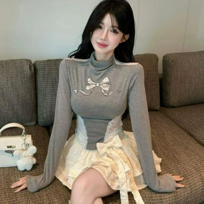 

New Fashion Pure Sensual Slimming Top 2026 Autumn/winter Plus-size Hot Girl Semi-high Neck Bow Lace Patchwork T-shirt for Women