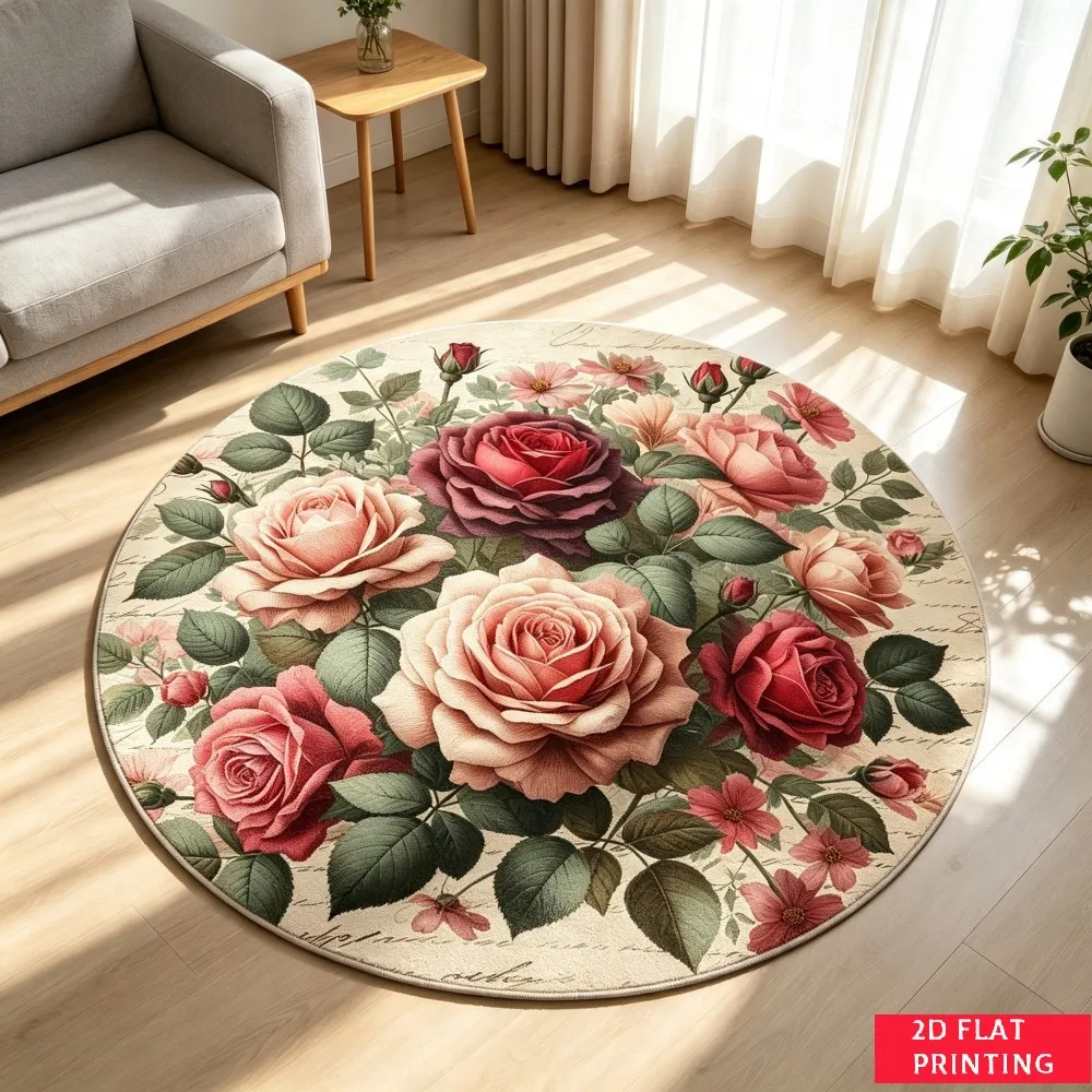 Vintage Romantic Rose Floral Bouquet Round Carpet With Green Leaves Script Background For Classic Home Interior Style