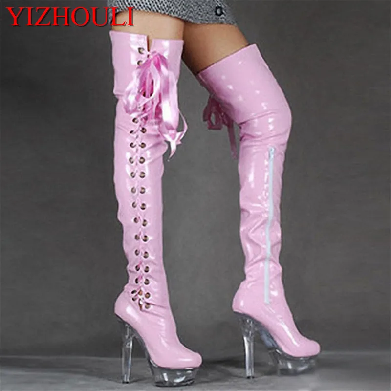 

15cm high-heeled shoes crystal cutout boots lacing over-the-knee platform boots Thigh for Women 6 inch ladies' dance shoes