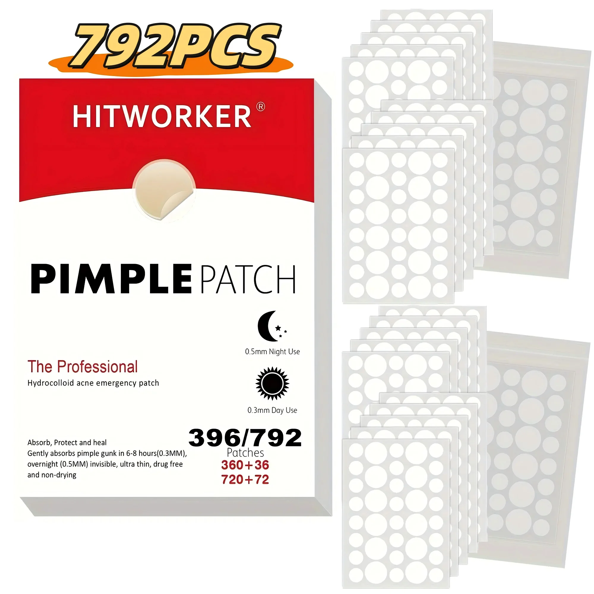 792/396 ultra-thin hydrocolloid acne patches - invisible, non irritating, alcohol free day and night spot stickers