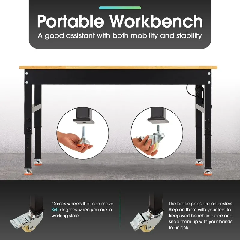 Adjustable Workbench,Rolling Heavy-Duty Worktable with Power Outlet and Wheels,Large Load Capacity Rubber Wood Top Workbe