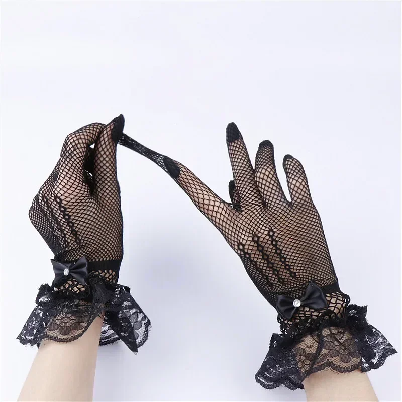 Japanese Soft Girl Black White Lace Gloves Girl gothic Lolita Mesh Bow Flower Lace Gloves Sweet Wristband Maid Cosplay Jewelry